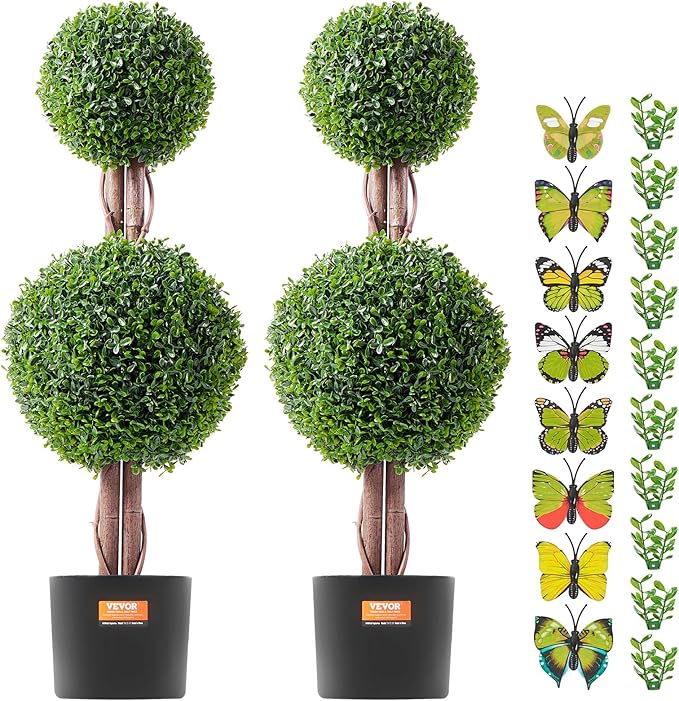 VEVOR Artificial Boxwood Topiary Tree, 36 inch Tall (2 Pieces), Double Ball Faux Topiary Trees, Faux Plant w/Extra Leaves & Pot & Small Decoration, UV Rated Set for Home Decor Indoor/Outdoor