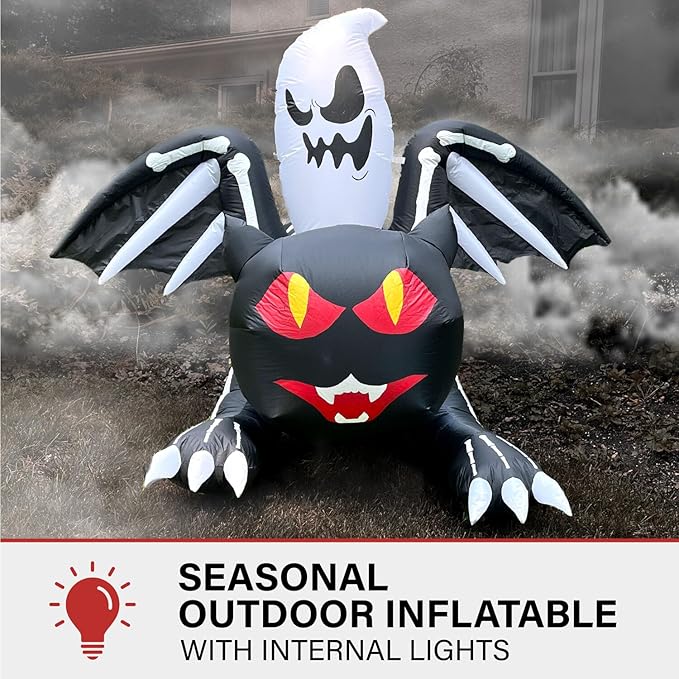 Haunted Hill Farm 5-Ft Tall Black Cat Bat Blow Up Inflatable with Red Eyes, Ghost, and Lights, Outdoor Halloween Inflatable Decoration for Lawn and Yard, Giant Spooky Holiday Decor