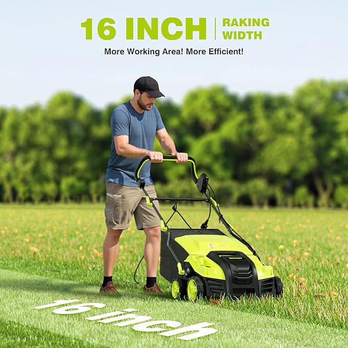 16-Inch Electric Dethatcher and Scarifier, YERYORK 2-in-1 Scarifier and Lawn Dethatcher with Powerful 15.5 AMP Motor 14.5Gal Collection Bag 5-Position Depth Foldable Handle for Lawns(Dark Green)