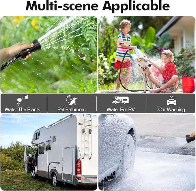 SPECILITE 5/8" Garden Hose 200 ft with High Flow Nozzle, Heavy Duty Flexible Hybrid Rubber Water Hose for Outdoor, Lightweight, Leak-Proof, No-Kink, 3/4"Stainless Steel Fittings,Black