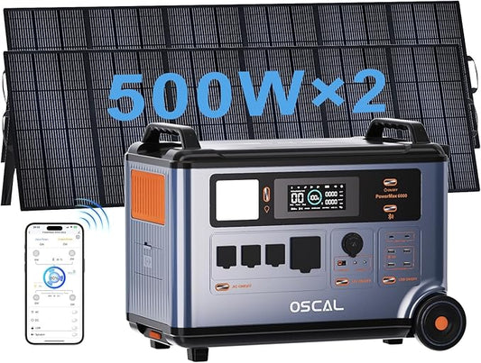 OSCAL Promax6000 Solar Generator with 2x500W Solar Panel,120V/240V Dual Voltage 6000W(Peak 7200w) Portable Power Station,3600WH Lifepo4 Battery 14 Outlets,2200W 1.96H Fast Charge,for Home Backup,RV.