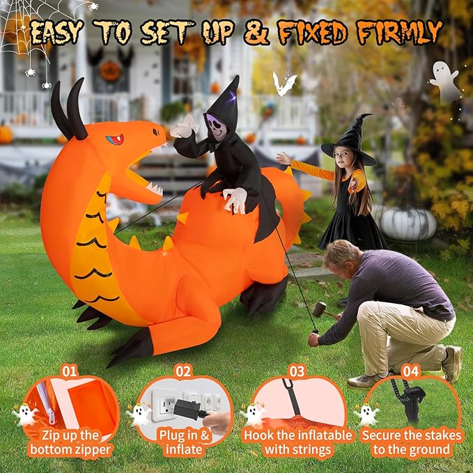 8FT Halloween Inflatables Dinosaur Outdoor Decoration, Grim Reaper Riding Dinosaur with 5 LED Lights Built-in Blow Up, Holiday Outside Decor for Yard Lawn Patio Garden Party