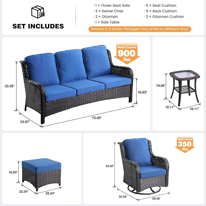 ovios 6 Pieces Patio Furniture Set, Outdoor Wicker Sofa Couch with Swivel Chairs Ottomans Comfy Cushions, High Back All Weather Modern Conversation Sets, Brown Rattan, Navy Blue