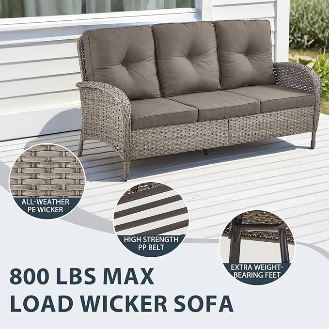 5 Piece Patio Furniture Set - Wicker Patio Conversation Set with Swivel Glider, 3 Seat Sofa, Tempered Glass Side Table and Coffee Table for Deck Backyard - Grey Wicker Grey Cushion