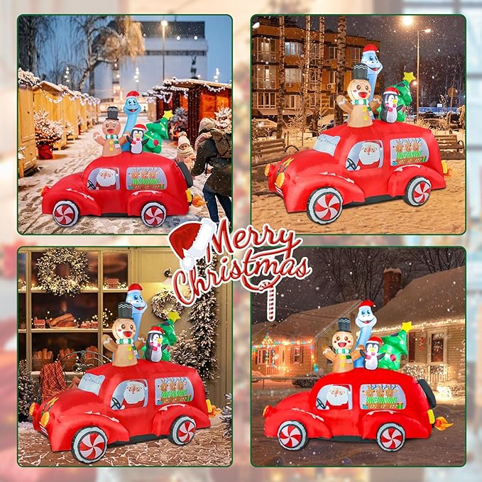 MUMTOP Christmas Car Inflatable-Christmas Inflatable Outdoor Decoration - 7.7 FT Lighted Inflatables Santa Carry Reindeer, Gingerbread, Penguin, Tree and Dinosaur, Blow Up Decor