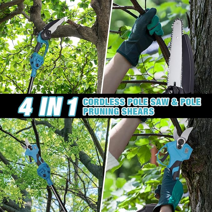 4-in-1 Electric Pole Saw & Pruning Shears Combo Kit, 6″& 8″Pole Saws for Tree Trimming, Cordless Shears and Battery Saw with Extension Pole & 2 x 21V Batteries for Garden Trimming