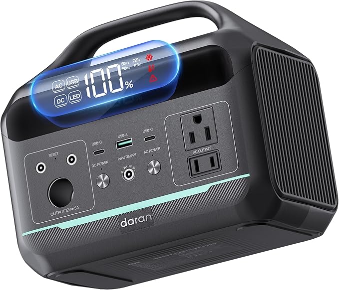 DaranEner Portable Power Station 300W (600W Surge), 192Wh Solar Generator LiFeP04 Battery with 2 AC Outlets, 60W PD Fast Charging Power Bank for Home Use, Outdoors Camping, Emergency, RVs, Outage