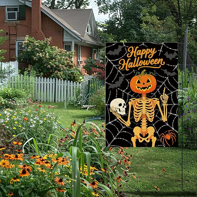 Happy Halloween Garden Flag Skeleton Pumpkins Fall Halloween Themed Holiday Party Outside Outdoor Lawn Decorations Yard Flag Double Sided 12x18 Inch