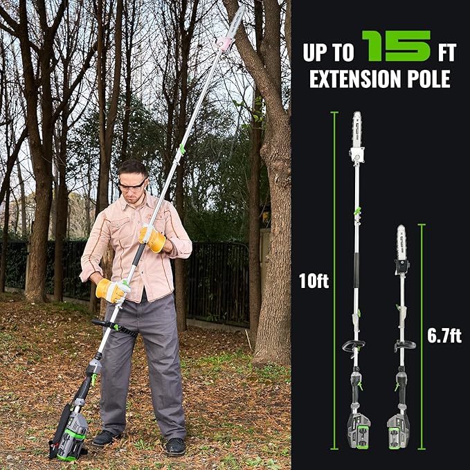15-FT Cordless Pole Saw 60V Electric Power PoleSaw for Tree Trimming With Pole 10" Cutting Power Max Reach 2.5AH Battery