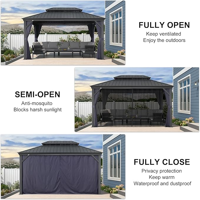 PURPLE LEAF 10' X 14' Hardtop Gazebo Aluminum Gazebo with Galvanized Steel Double Roof for Backyard Patio Lawn and Garden Curtains and Netting Included Navy Blue