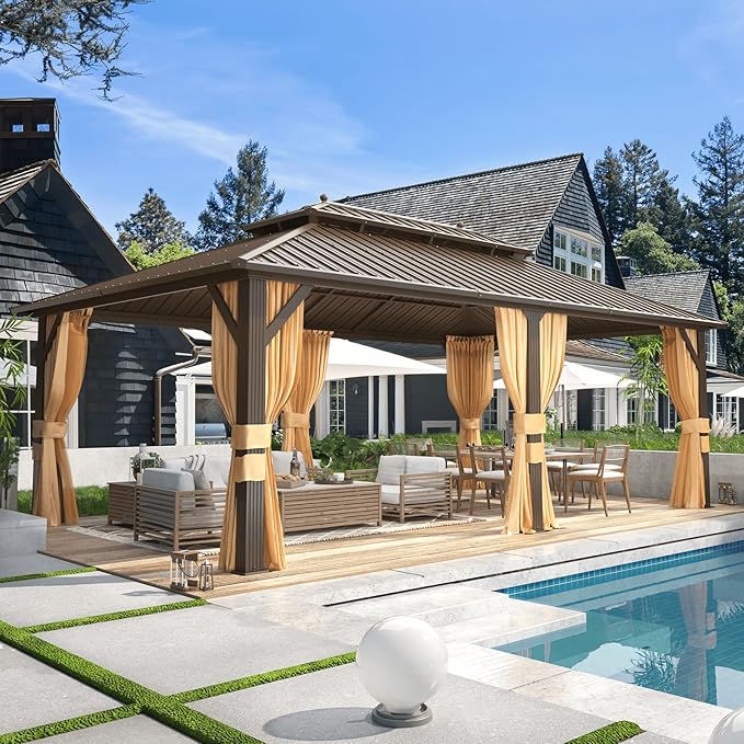 MELLCOM 12'x20' Hardtop Gazebo, Metal Double Roof Aluminum Gazebos with Curtain and Netting,Brown Permanent Galvanized Steel Pavilion for Patio, Lawn & Deck
