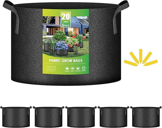 iPower 20 Gallon (Pack of 5) Plant Grow Bags Thickened Nonwoven Aeration Fabric Pots Heavy Duty Durable Container, Strap Handles for Garden, Black