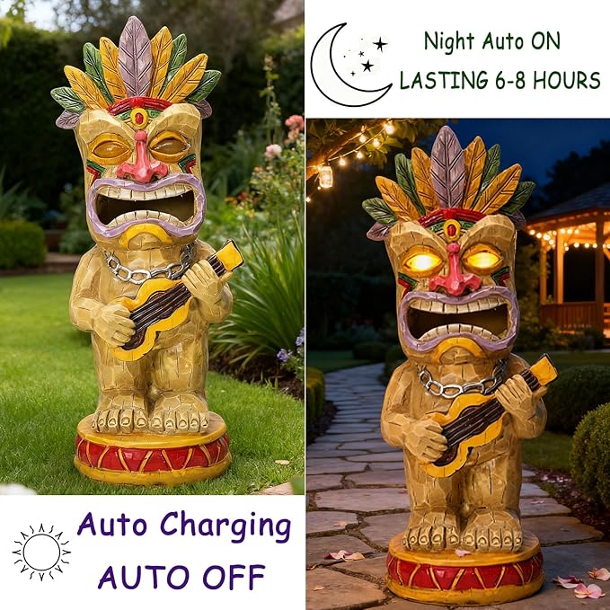 Solar Tiki Garden Statue with LED Eyes Outdoor Resin Ukulele Player Yard Decor Solar Light Hawaiian Style Lawn Ornament for Patio Porch Lawn Tiki Bar or Tiki Lover Funny Gifts
