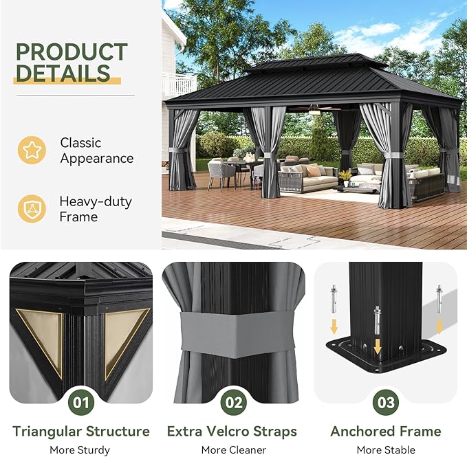Aoxun Hardtop Gazebo 12x20 with Gutter, Upgraded Wider Aluminum Outdoor Gazebo with Galvanized Steel Double Roof, Patio Permanent Metal Pavilion with Netting and Privacy Curtain
