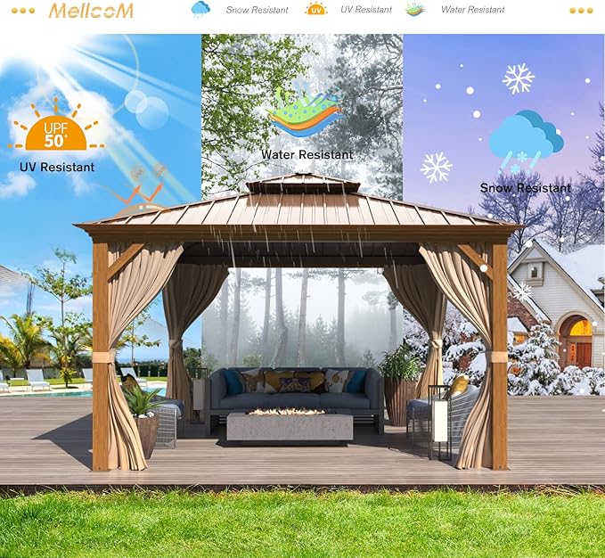 MELLCOM 12'x12' Hardtop Gazebo, Wood Grain Aluminum Frame Outdoor Gazebo with Double Galvanized Steel Roof, Permanent Metal Pavilion with Curtains and Nettings for Patio, Backyard, Deck and Lawns