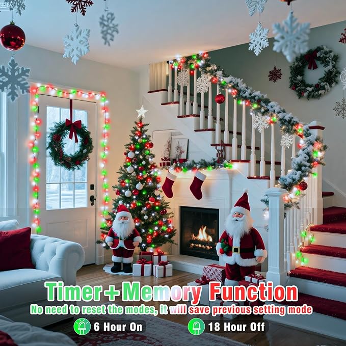 300 LED String Lights for Outside, 98ft Twinkle Lights Plug in with 8 Modes for Chrismtas Halloween Decor, Red White&Green