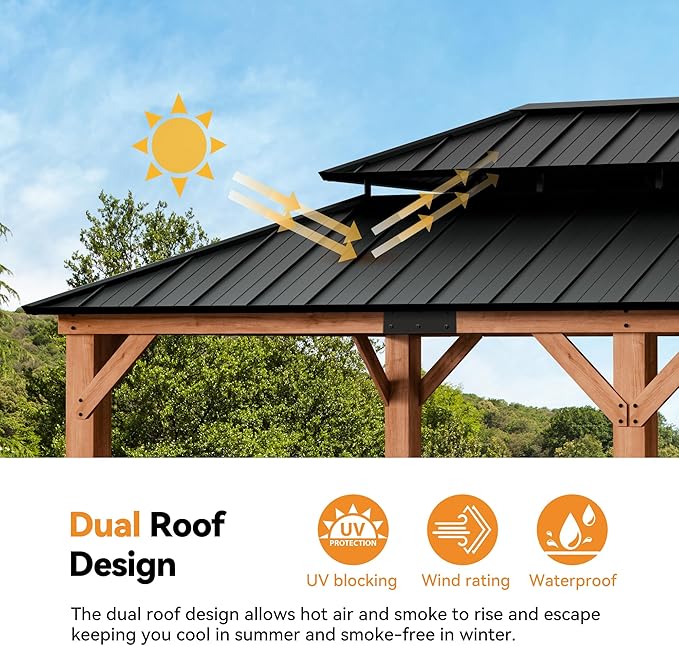 Modern Shade Rosewood Wood Gazebo 12' x 20', Cedar Framed Grill Gazebo with Double Galvanized Steel Roof, Mosquito Netting and Curtains, Permanent Hardtop with Sturdy Hooks for Garden, Backyard, Patio