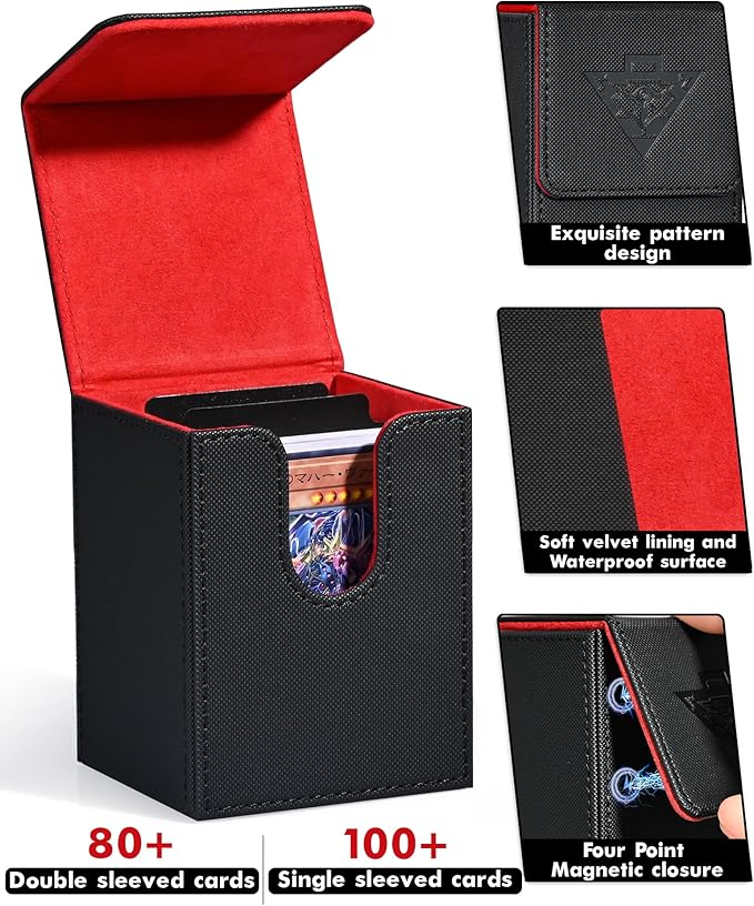 ZLCA Card Deck Box Fits YuGiOh TCG, Card Storage Box with Dividers Holds 100+ Sleeved Cards, Premium Card Deck Case Compatible with CCG Trading Cards (Black&Red,Puzzle)
