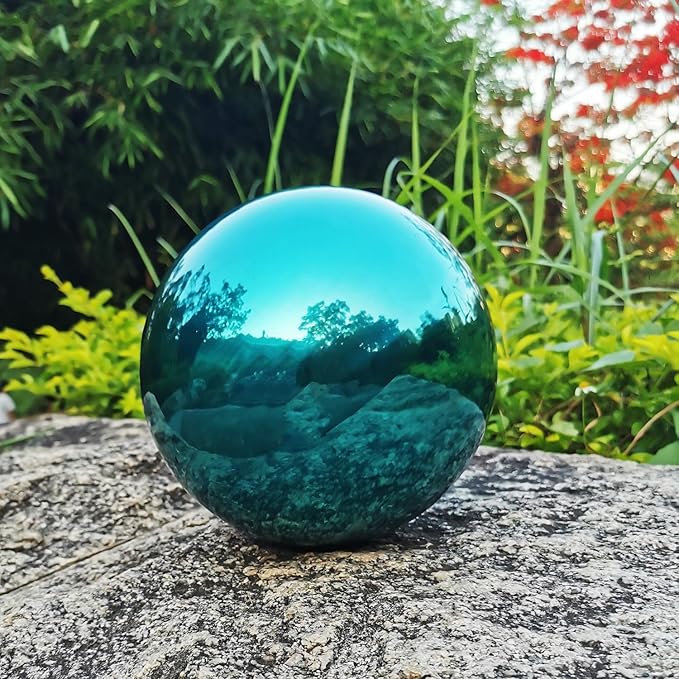 Cyan Blue Gazing Globe Mirror Ball in Stainless Steel, Shiny Hollow Sphere Sparkling Housewarming Outdoor Party Ornament (Cyan Blue, 8 inches)
