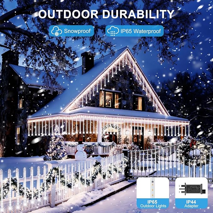 PEMOTech Christmas Lights Outdoor,16 Tubes(Equivalent to2 Sets of 8-Tubes) Meteor Shower Lights,Waterproof Christmas Decorations Icicle Light for Xmas Tree Halloween Party, Ul Plug,Cool White