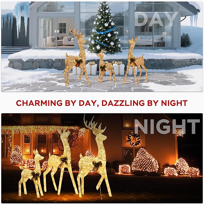 Outdoor Reindeer Family Christmas Decor, 3-Piece Large Golden Deers (Buck/Doe/Fawn) Holiday Xmas Lawn Decorations, with 300 Warm White LED Lights, Prefect for Yard, Garden