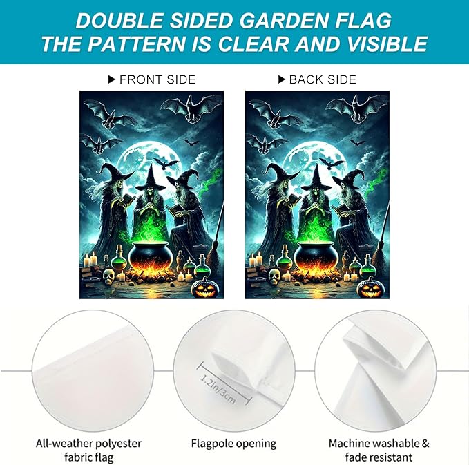 Halloween Witch Garden Flag Spooky Yard Banner Full Moon Bats Cauldron And Three Witches Double Sided 12x18 Outdoor House Flag For Lawn Porch Halloween Decoration Scary Seasonal Yard Sign