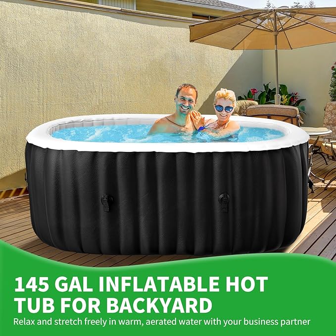 Inflatable Hot Tub with Side Table, 2 Person Oval Blow Up Portable Hot Tub, Leak-Proof PVC Outdoor Spa with 100 Strong Bubble Jets, Heater Pump and Insulated Cover, 75” X 47”X 25”