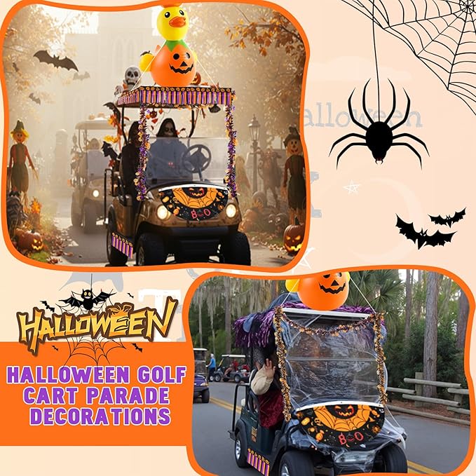 Hungdao 4ft Halloween Inflatable Pumpkin Duck Halloween Golf Cart Decorations Kit PVC Blow Ups Pumpkin Duck Tinsel Garlands Tinsel Streamers Fan Flag, Reusable Outdoor Decoration for Parade Yard