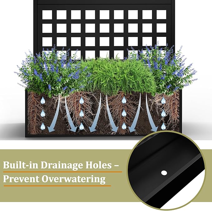 Metal Planter Box with Trellis, Heavy-Duty Raised Garden Bed for Climbing Plants, Drainage Hole, Outdoor Planter Box with Privacy Screen，35''L×16''W×71''H