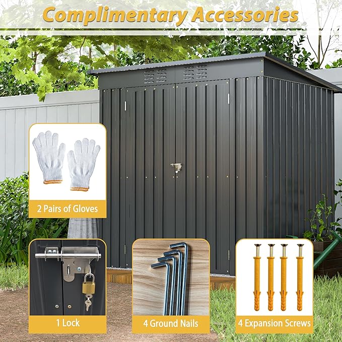 6X4 FT Outdoor Storage Shed, Waterproof Metal Garden Sheds with Lockable Door, Steel Tool Storage Buildings Shed & Outdoor Storage House for Garden, Backyard, Patio, Lawn, Trash Cans(Black)