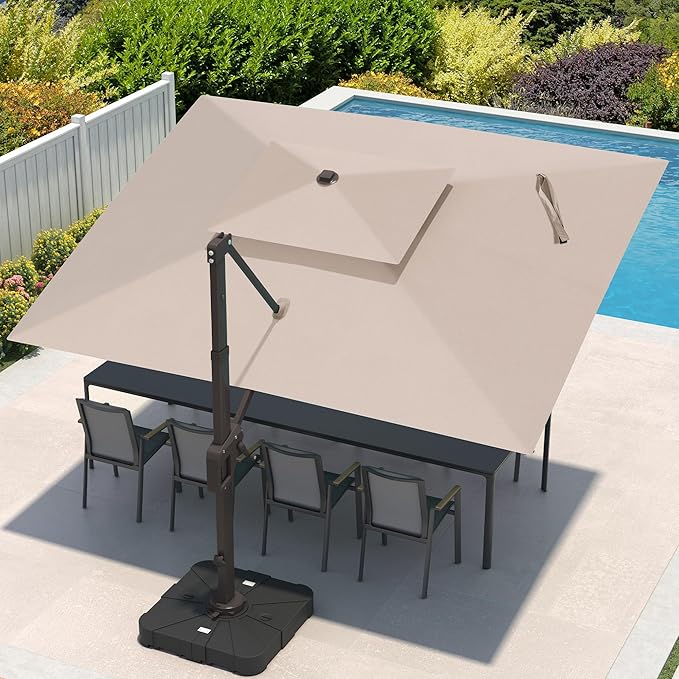 9x12 FT Cantilever Patio Umbrella with Base Included Double Top Outdoor Rectangular Large Heavy Duty Aluminum Offset Umbrellas with 7 Level Tilt 360-degree Rotation for Pool Garden Deck, Beige