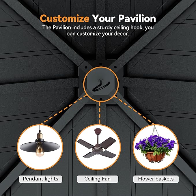 Modern Shade Tranquil Grove Wood Gazebo 10' x 10', Grill Gazebo with Galvanized Steel Roof, Mosquito Netting and Curtains, Permanent Hardtop Pavilion with Sturdy Hooks for Garden, Backyard