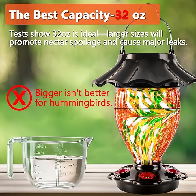 LUJII Solar Hummingbird Feeder for Outdoors Hanging with Color Changing, Hand Blown Glass Reservoir, 32 fl.oz, Never Leak, Lighted Lantern for Garden Decor, Unique Gift for Bird Lover (Red)