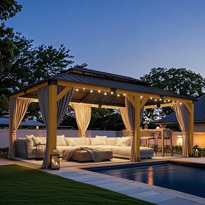CHARMELEON 12'x20' Cedar Wood Gazebo,Wooden Hardtop Gazebos with Dual Metal Roof - Permanent Outdoor Gazebo - Large All Weather Patio Pavilion for Backyard, Deck & Garden - with Curtains & Netting