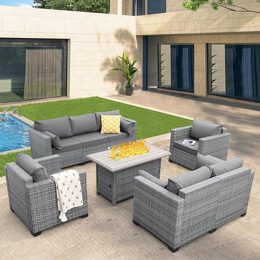 5 Piece Wicker Patio Furniture Sets Outdoor Conversation Set, PE Rattan Sectional Sofa Couch with 45" Fire Pit Table and Non-Slip Grey Cushions, Furniture Covers Included