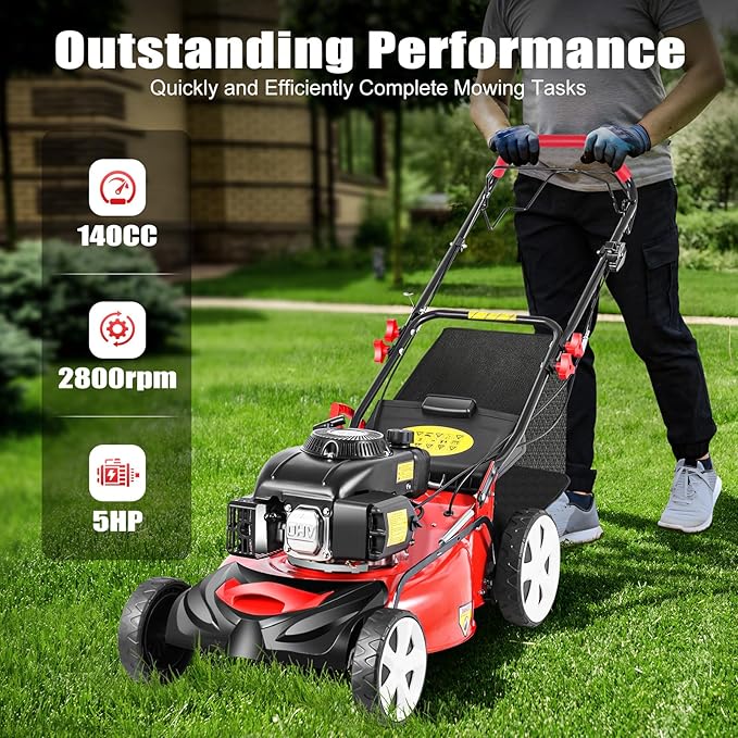 Self-Propelled Gas Lawn Mower, 140CC 4-Stroke 5HP Lawn Mower 3-in-1 Push Mower with 60L/15.9Gal Grass Catch Bag, Steel Grass Catcher for Yard & Garden, 8 Gears Mowing Height Adjustment, 2800Rpm
