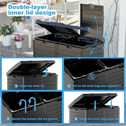 Outdoor Trash Can with Lid, Outdoor Trash Bin & Pull-Out Liquid Drawer, Dual Lid Closure Design, Waterproof Resin Garbage Can Container for Patio, Backyard, Deck (Black, 61 Gallon)
