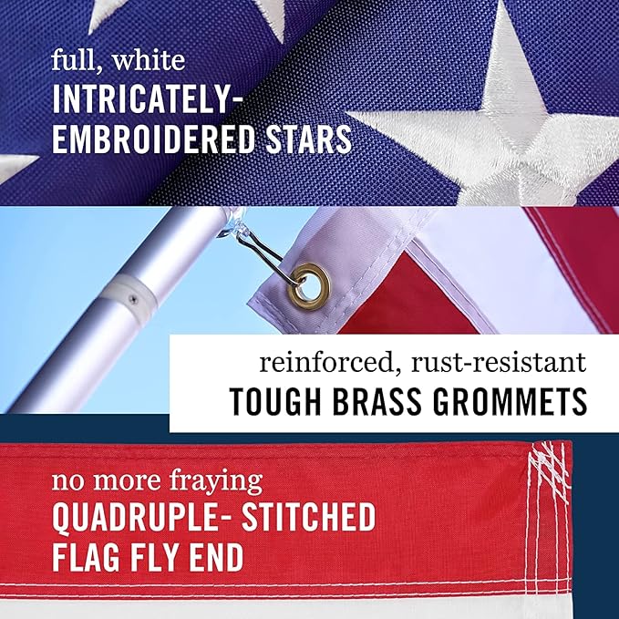American Flag 4x6’ | Embroidered Stars & Sewn Stripes | Heavy Duty U.S. Flag | Durable 210D Oxford Nylon for High Winds | Quadruple Stitched Fly End Brass Grommets | Patriotic Decor