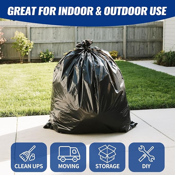 20 Count 55-60 Gallon Trash Bags, Tear-Free Large Black Garbage Bags for Kitchen, Office, Outdoor, Commercial Use, Lawn and Leaf Bags, Lightweight 17 Micron Design for Daily Dry Waste