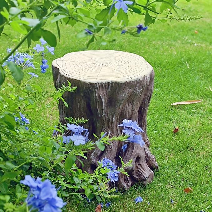 13''H Tree Stump Statue Stool with Faux Wood Grain Finish Magnesium Oxide Stump Sculpture Stump Side Table Garden Pedestals Tree Stump End Table for Indoor/Outdoor Patio Yard Garden Porch Decor