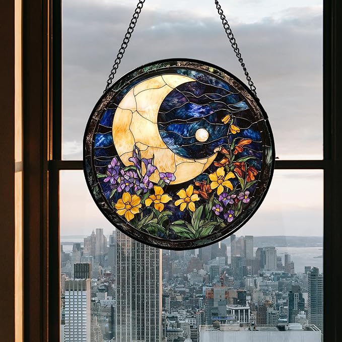 Stained Glass Window Hanging - Blue Night Sky Moon Suncatcher for Door Terrace Garden Home Decor Wildflowers Sun Catcher Birthday Gifts for Lovers Women Men Dad Mom Nana 9.8 in