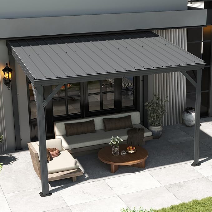 Domi 8’x10’ Lean-to Gazebo, Hardtop Wall-Mounted Gazebo Pergola with Sloping Galvanized Steel Roof and Upgraded Drainage System, Outdoor Permanent Metal Shelters for Patio Backyard Deck, Grey