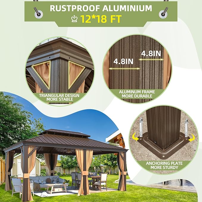 MELLCOM 12'x18' Hardtop Gazebo,Galvanized Steel Metal Double Roof Gazebos with Curtain and Netting, Brown Permanent Pavilion Canopy with Aluminum Frame for Patios,Gardens,Lawns
