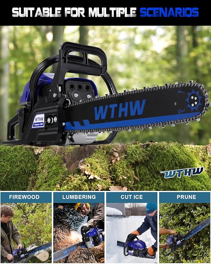 58 cc Gas Powered Chainsaw, 20 in & 18 in Quick-Switch Bars – 550 ml Fuel 260 ml Oil Tanks, Automatic Chain Oiler, Centrifugal Air Filter, Quick Start, Inertial Chain Brake (WH5806)