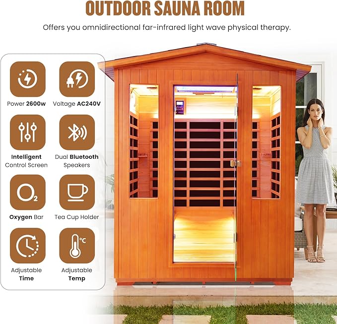 Outdoor 4 Person Sauna Far Infrared Saunas Dry Sauna Room Red Cedar and Canadian Hemlock Wood Wooden Sauna Spa 2600W 240V with 7 Color Light 62.2 * 46.8 * 81.9 inches
