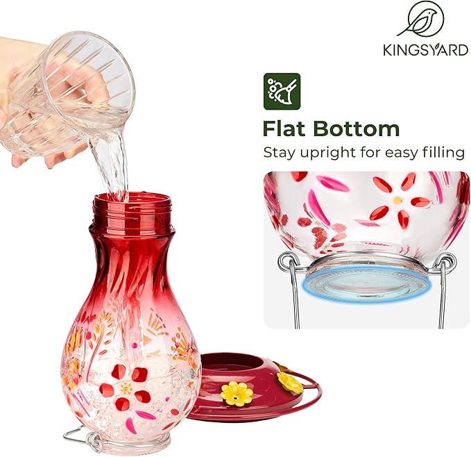Kingsyard Glass Hummingbird Feeder for Outdoors Hanging - 26 oz Leak Proof Nectar Feeder with 6 Feeding Ports & Ant Moat for Garden Backyard Decor, Red