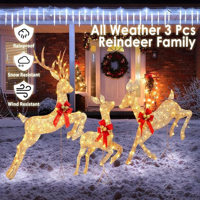 NALONE 4.7 FT Large 3 Pieces Lighted Reindeer Christmas Decoration with 210 Warm White LED Lights, Pre-lit 3D Christmas Deer Family Set Decor Outdoor Yard with Stakes, Bow Ties, Mat
