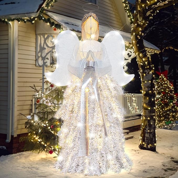 54" Angel with Wings Christmas Decoration for Indoor Outdoor,Lighted up White Angel Halo Christmas Decor Holiday Display with Lights