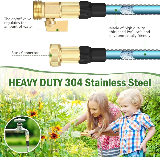 TOOLCY Garden Hose 50FT x 1/2inch, 304 Stainless Steel Garden Hoses, Heavy Duty Metal Water Hoses for Outdoor Flexible, No-Kink & Tangle, Puncture Resistant