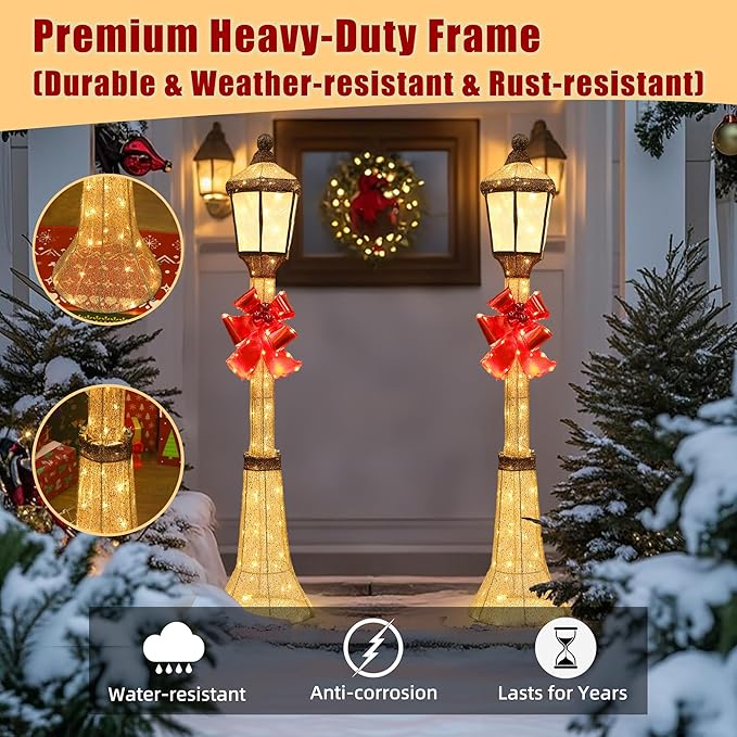 60-Inch Outdoor Christmas Decorations Outdoor Lighted Lamp Post 3D Lamppost LED Lighted Post Christmas Decoration with 128 LED Lights & Bow Holiday Decorations for Yard, Porch, Patio